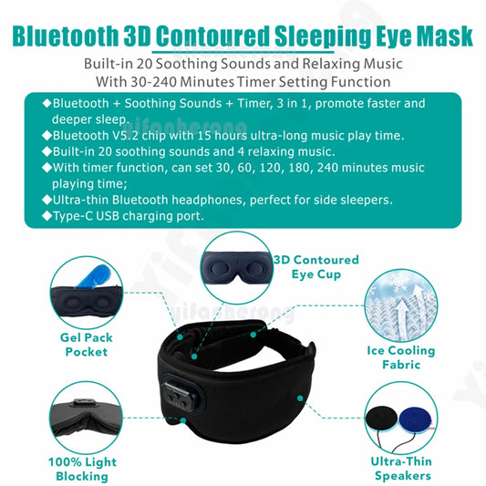 3D Bluetooth-compatible 5.2 Timed Sleep Eye Mask Earphones Built-in white Noise Music With Mic Shading Sleep Headphones Type C